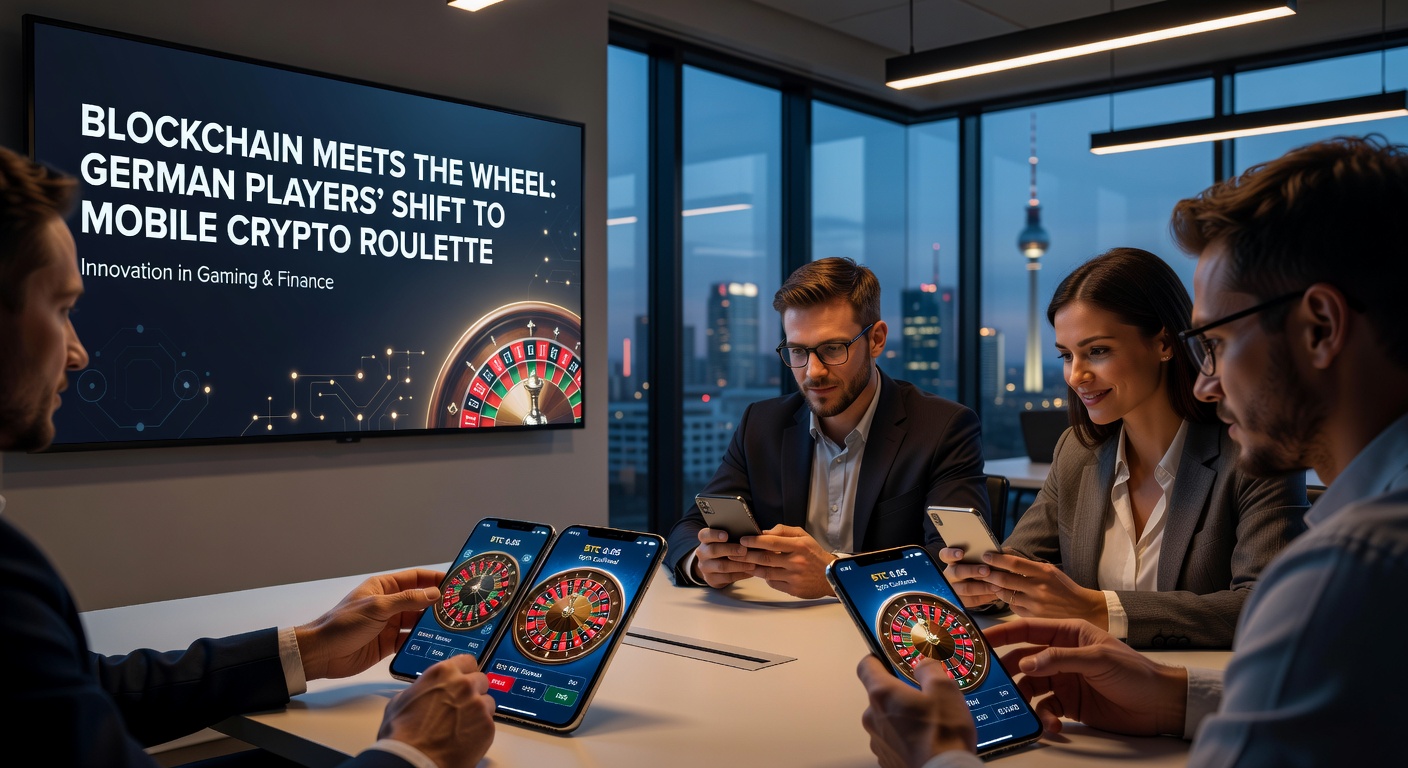 Smartphone mit Blockchain-Symbolen und roulettierendem Rad auf dem Bildschirm, das den mobilen Crypto-Roulette-Trend symbolisiert