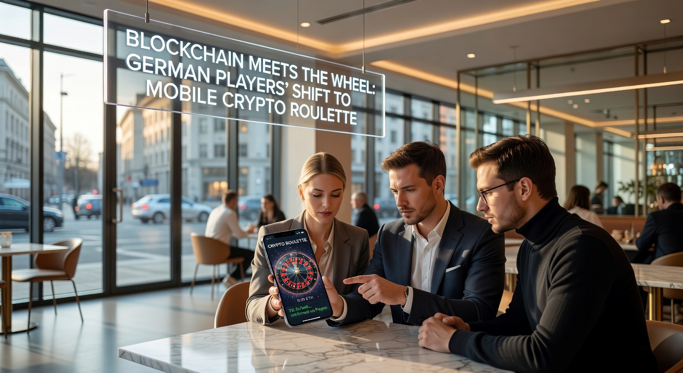 Deutscher Spieler mit Smartphone in der Hand, Blockchain-Ketten umgeben ein digitales Roulette-Rad, das Mobilität und Sicherheit betont