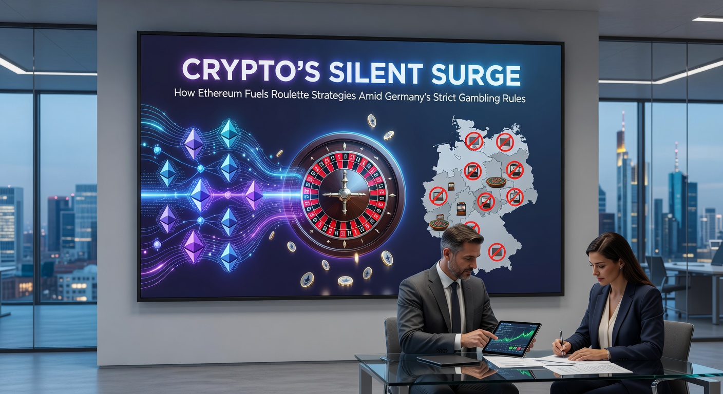 Ethereum-Logo vor Roulette-Tisch mit deutschen Flaggen im Hintergrund, symbolisiert den Kontrast zwischen Krypto-Innovation und Regulierung