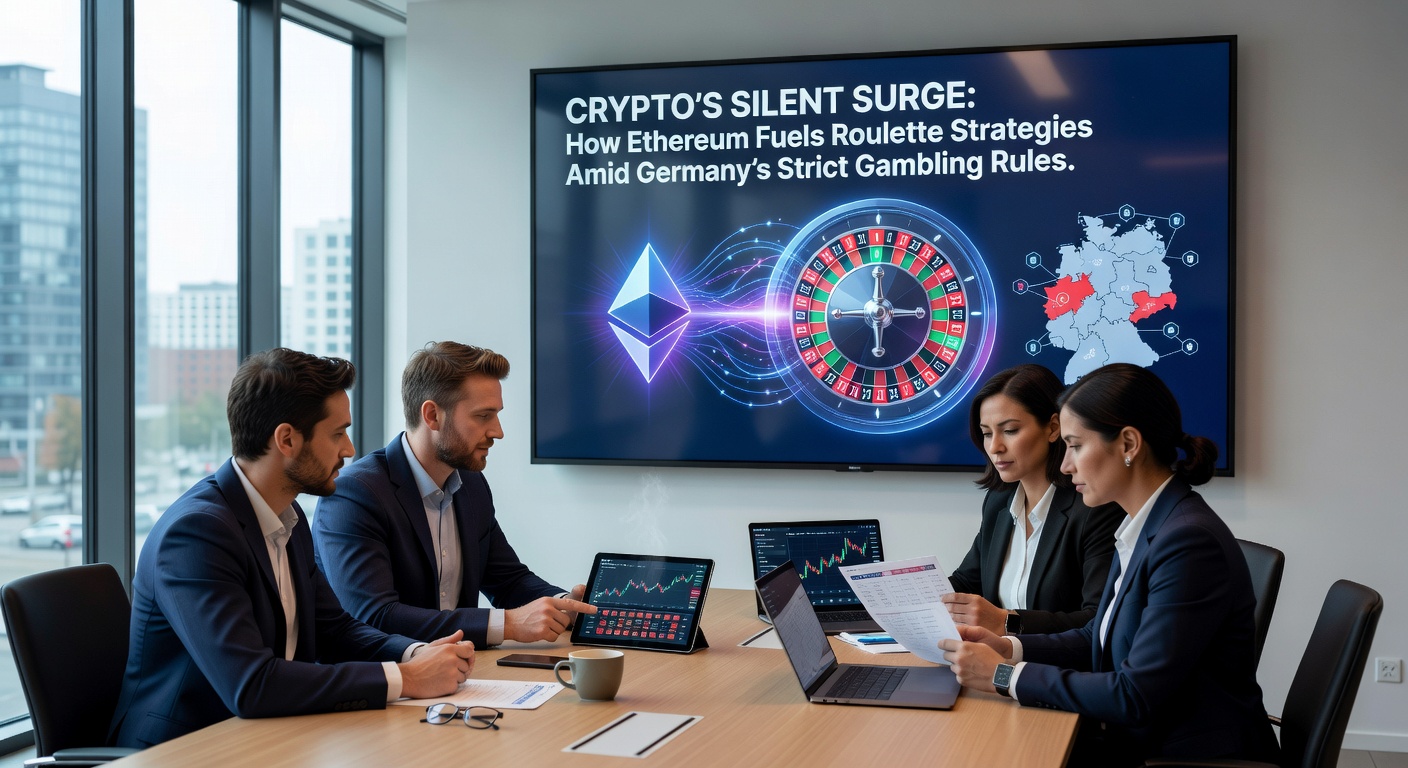 Grafik zeigt steigende Ethereum-Transaktionen in Roulette-Plattformen mit Roulette-Rad und Blockchain-Elementen