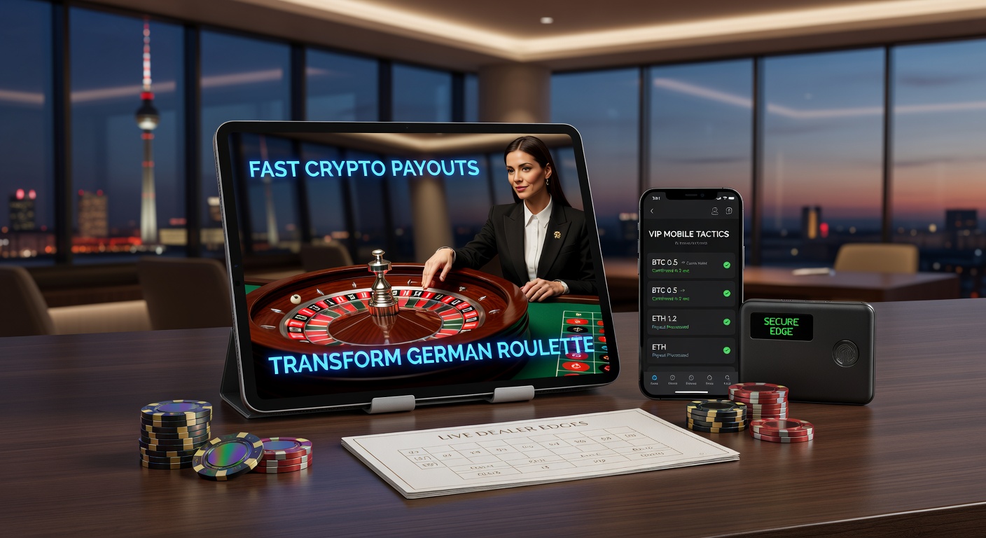 Live-Dealer-Tisch mit Roulette-Rad, umgeben von Krypto-Symbolen und mobilen Geräten, die Echtzeit-Transaktionen darstellen