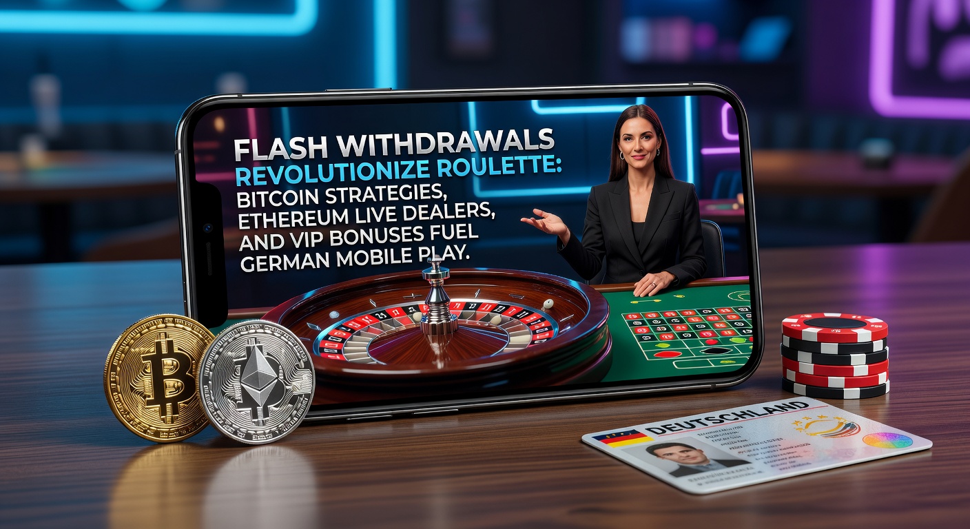 Smartphone mit Roulette-Rad und Bitcoin-Symbolen, das blitzschnelle Auszahlungen im mobilen Casino darstellt