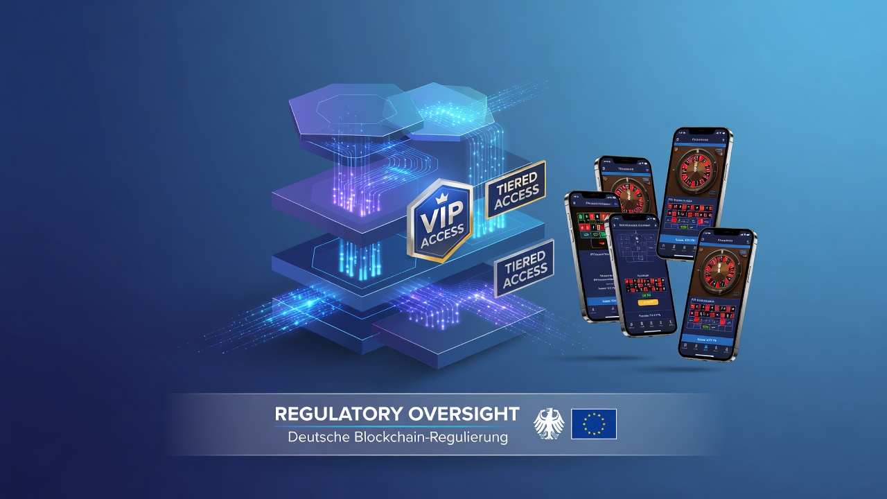 Darstellung mehrschichtiger Blockchain-Protokolle mit gestaffelten VIP-Ebenen und Ethereum-Transfers in mobilen Roulette-Anwendungen