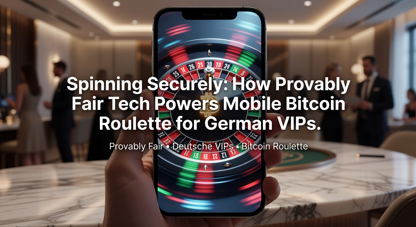 VIP-Spieler am Smartphone mit Bitcoin-Wallet und Provably-Fair-Verifizierungsschirm, im Hintergrund deutsche Skyline